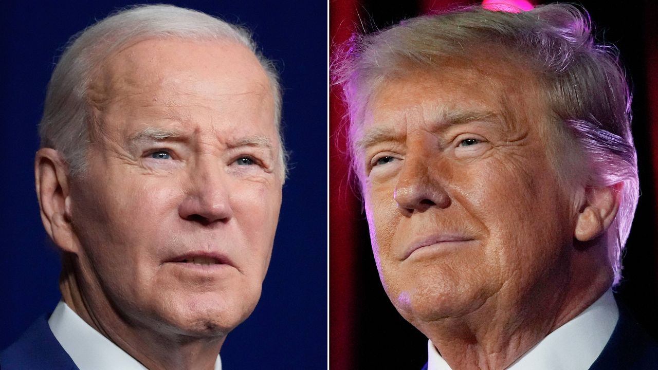 In this combination of photos, President Joe Biden speaks on Aug. 10, 2023, in Salt Lake City, left, and former President Donald Trump speaks on July 8, 2023, in Las Vegas. (AP Photo)