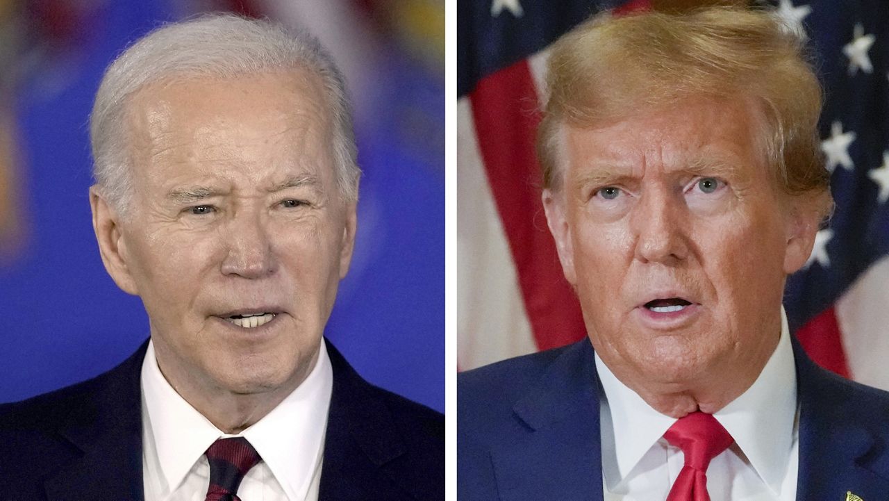 In this combination photo, President Joe Biden speaks in Milwaukee, March 13, 2024, left, and former President Donald Trump speaks in New York, Jan. 11, 2024. (AP Photo)