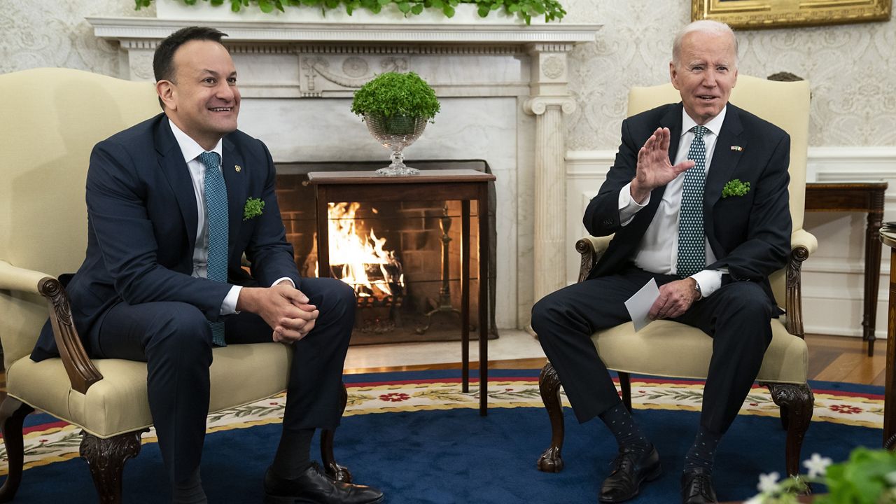 President Joe Biden meets Friday with Irish Taoiseach Leo Varadkar in the Oval Office of the White House. (AP Photo/Evan Vucci)