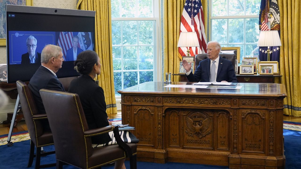 President Joe Biden participates in wildfire season briefing and federal response, in the Oval Office at the White House, Tuesday, Sept. 17, 2024. (AP Photo/Manuel Balce Ceneta)