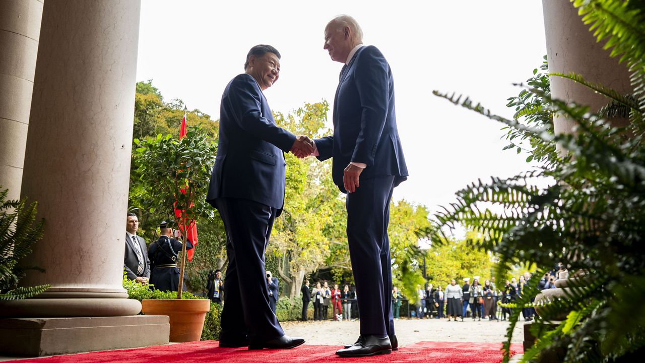 President Joe Biden, right, greets China's President Xi Jinping at the Filoli Estate in Woodside, California, Wednesday, Nov. 15, 2023. (Doug Mills/The New York Times via AP, Pool, File)