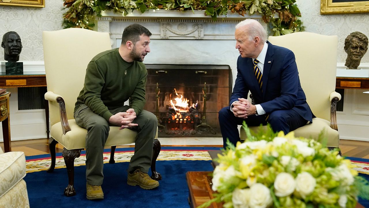 President Joe Biden speaks during a meeting with Ukrainian President Volodymyr Zelenskyy in the Oval Office of the White House, Wednesday, Dec. 21, 2022, in Washington. (AP Photo/Patrick Semansky)