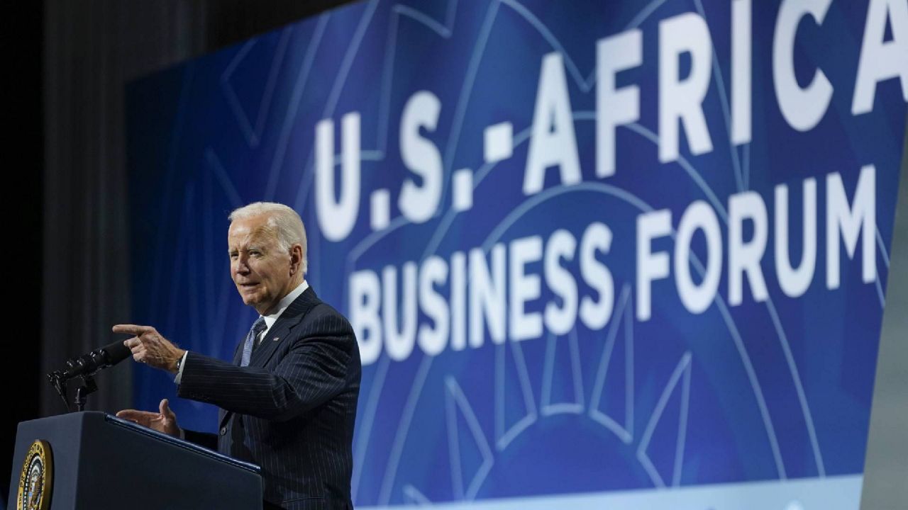 President Joe Biden speaks to African leaders gathered for the U.S.-Africa Leaders Summit Wednesday, Dec. 14, 2022, in Washington. (AP Photo/Patrick Semansky)