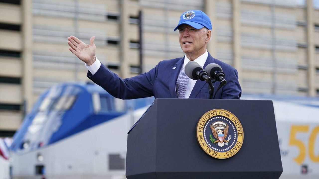 President Joe Biden speaks during an event to mark Amtrak's 50th anniversary at 30th Street Station in Philadelphia, Friday, April 30, 2021. (AP Photo/Patrick Semansky)