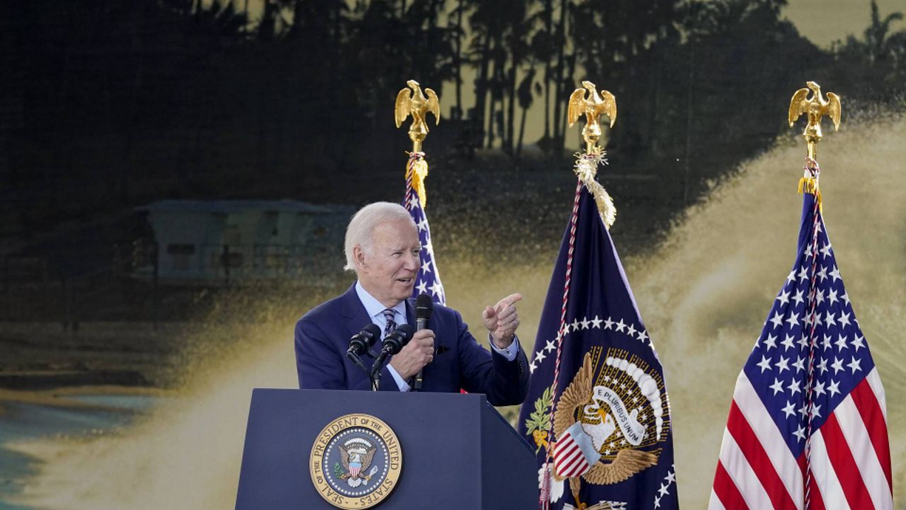 President Joe Biden speaks about the CHIPS and Science Act, a measure intended to boost the semiconductor industry and scientific research, at communications company ViaSat, Friday, Nov. 4, 2022, in Carlsbad, Calif. (AP Photo/Gregory Bull)
