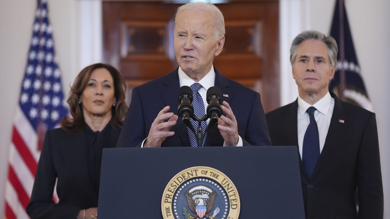 President Joe Biden, center, with Vice President Kamala Harris, left, and Sec. of State Anthony Blinken, right, speaks in the Cross Hall of the White House on the announcement of a ceasefire deal in Gaza and the release of dozens of hostages after more than 15 months of war, Wednesday, Jan. 15, 2025, in Washington. (AP Photo/Evan Vucci)