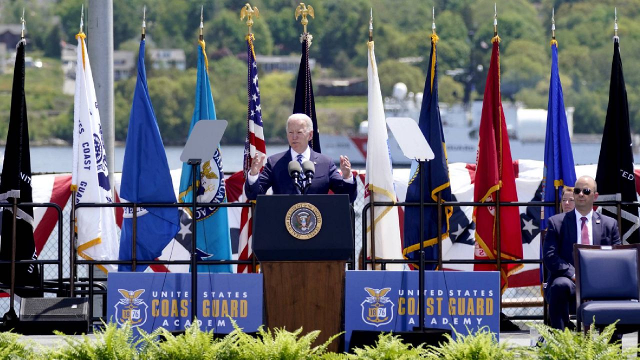 President Joe Biden speaks at the commencement for the United States Coast Guard Academy in New London, Conn., Wednesday, May 19, 2021. (AP Photo/Andrew Harnik)