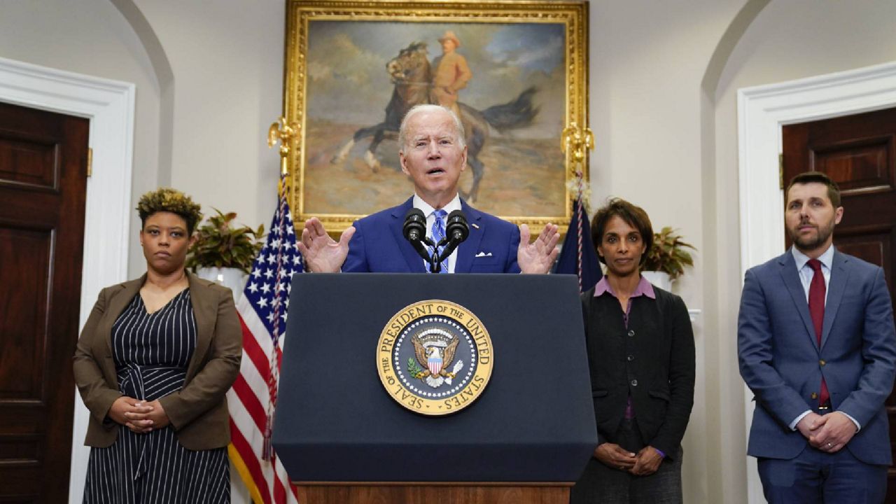 President Joe Biden speaks in the Roosevelt Room of the White House, Wednesday, May 4, 2022, in Washington. From left, Office of Management and Budget Director Shalanda Young, Biden, Cecilia Rouse, chair of the Council of Economic Advisersand Brian Deese, Assistant to the President and Director of the National Economic Council.(AP Photo/Evan Vucci)