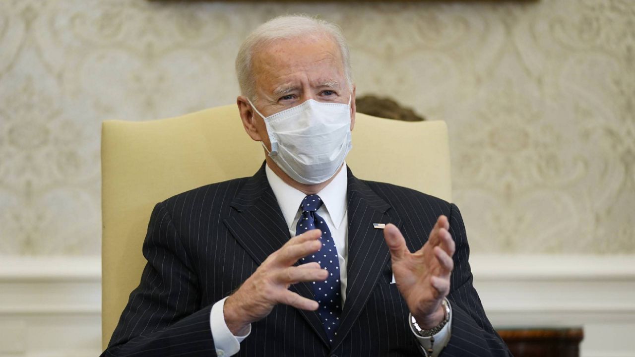 In this Feb. 9, 2021, photo, President Joe Biden meets with business leaders to discuss a coronavirus relief package in the Oval Office of the White House in Washington. (AP Photo/Patrick Semansky)