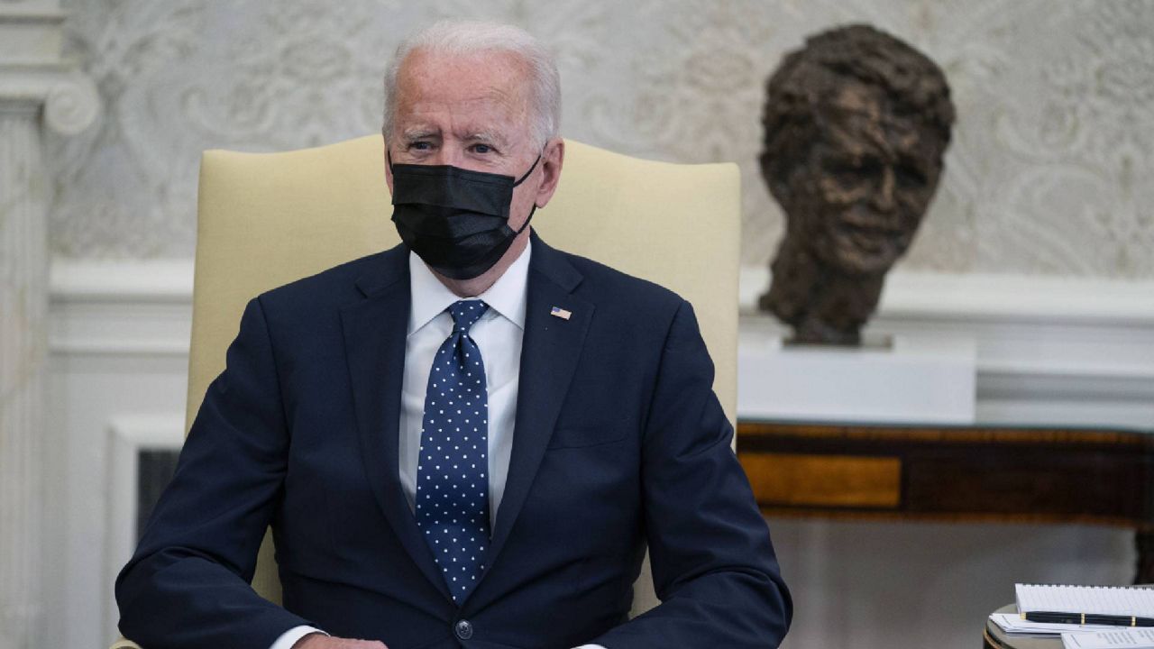 President Joe Biden speaks during a meeting with members of the Congressional Hispanic Caucus, in the Oval Office of the White House, Tuesday, April 20, 2021, in Washington. Biden said Tuesday that he is "praying the verdict is the right verdict" in the trial of former Minneapolis Police Officer Dereck Chauvin. (AP Photo/Evan Vucci)