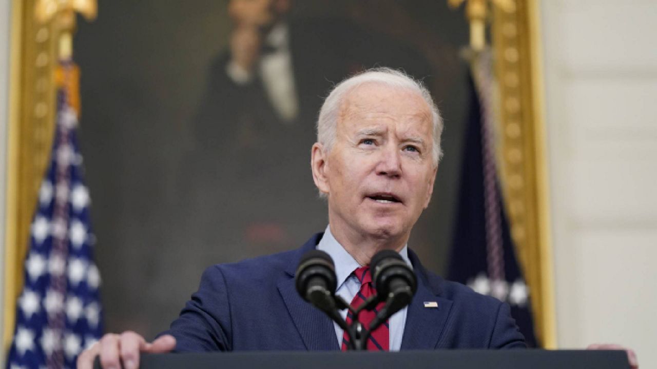 President Joe Biden speaks about the shooting in Boulder, Colo., Tuesday, March 23, 2021, in the State Dining Room of the White House in Washington. (AP Photo/Patrick Semansky)