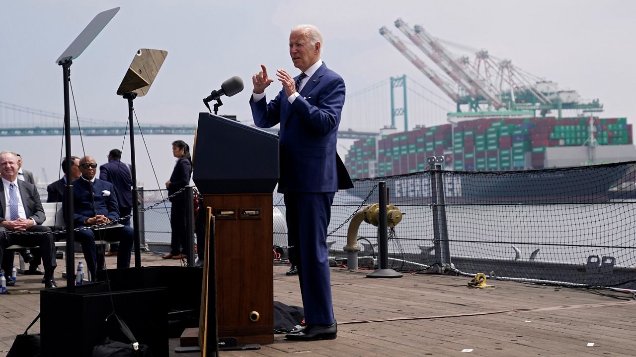 President Joe Biden speaks on inflation and supply chain issues at the Port of Los Angeles, Friday, June 10, 2022, in Los Angeles. (AP Photo/Evan Vucci)
