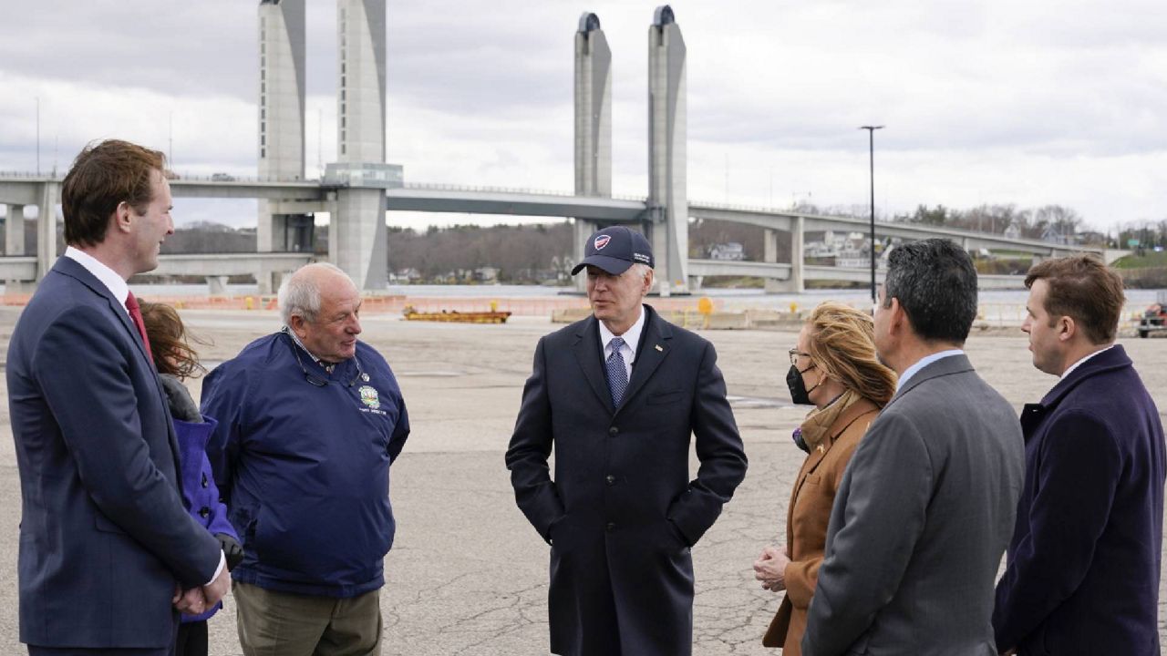 President Joe Biden participates in a briefing on state infrastructure projects at the New Hampshire Port Authority in Portsmouth, N.H., Tuesday, April 19, 2022. (AP Photo/Patrick Semansky)