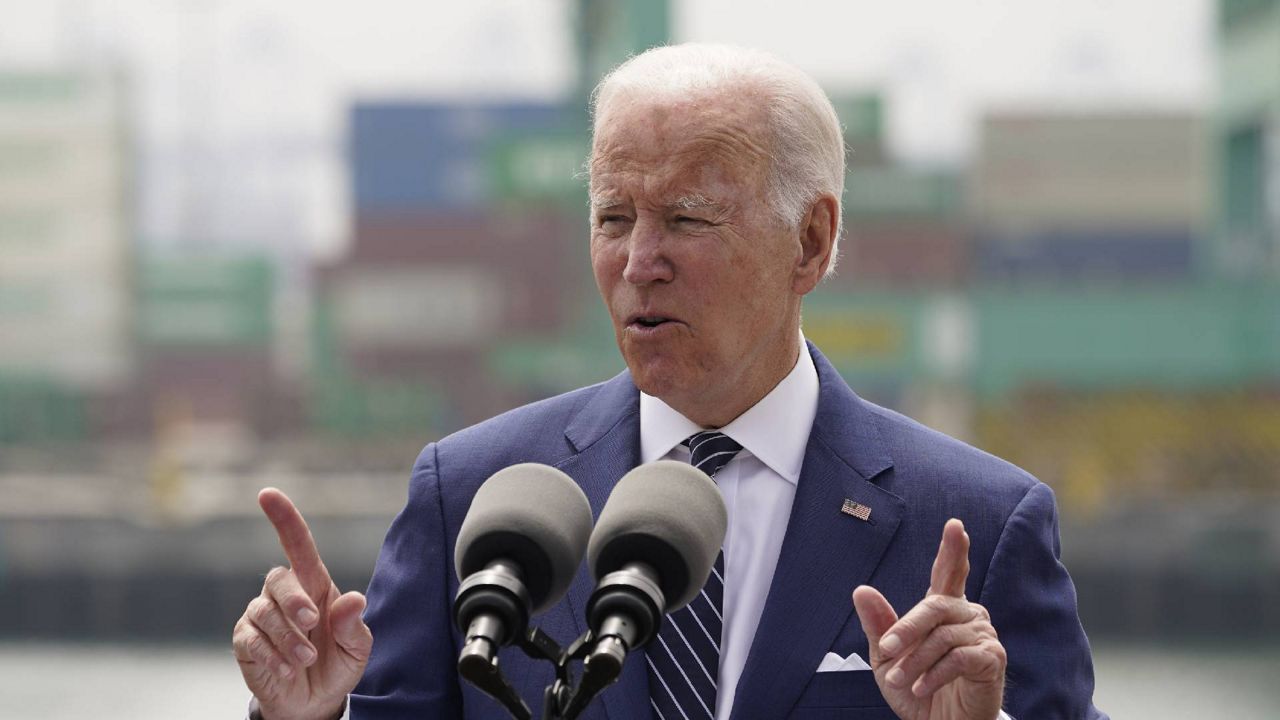 President Joe Biden speaks about inflation and supply chain issues at the Port of Los Angeles, Friday, June 10, 2022, in Los Angeles. (AP Photo/Damian Dovarganes)