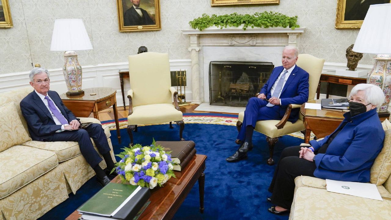 President Joe Biden meets with Federal Reserve Chairman Jerome Powell and Treasury Secretary Janet Yellen, right, in the Oval Office of the White House, Tuesday, May 31, 2022, in Washington. (AP Photo/Evan Vucci)