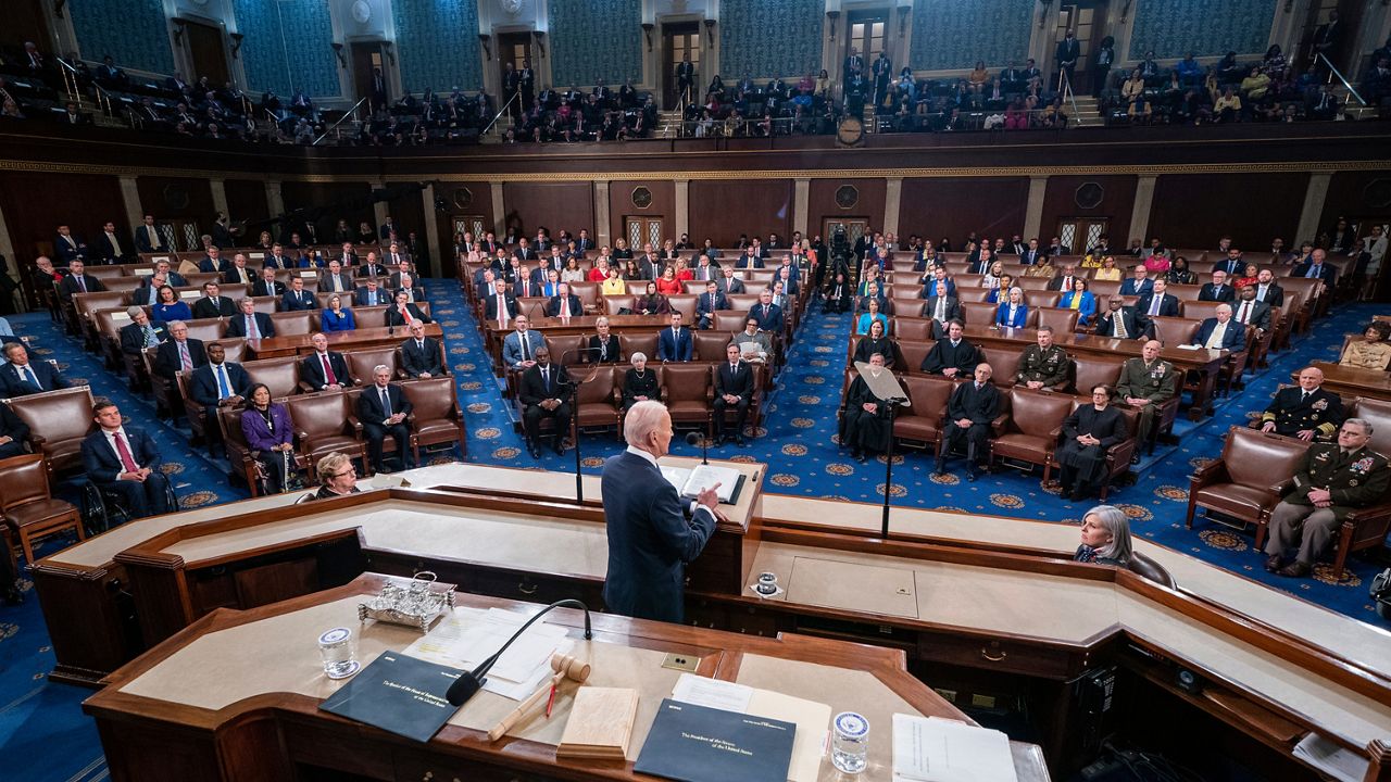 President Joe Biden delivers his first State of the Union address to a joint session of Congress at the Capitol, March 1, 2022, in Washington. (Shawn Thew/Pool via AP)