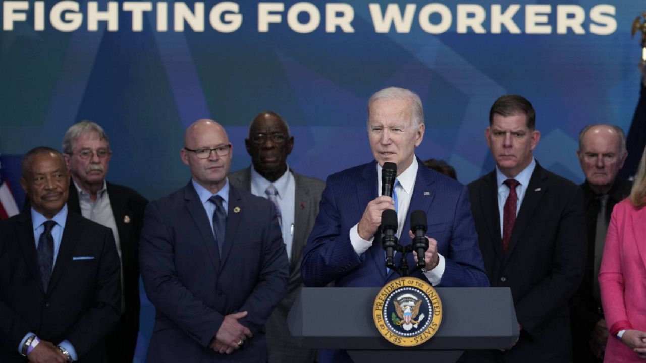 President Joe Biden speaks in the South Court Auditorium on the White House complex in Washington, Thursday, Dec. 8, 2022, about the infusion of nearly $36 billion to shore up a financially troubled union pension plan, preventing severe cuts to the retirement incomes of more than 350,000 Teamster workers and retirees across the United States. (AP Photo/Susan Walsh)
