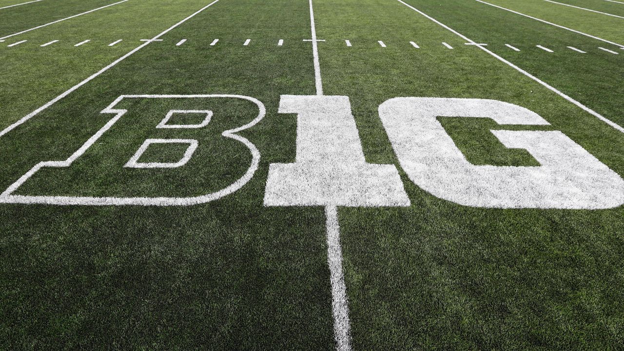 The Big Ten logo is displayed on the field before an NCAA college football game between Iowa and Miami of Ohio in Iowa City, Iowa., on Aug. 31, 2019. (AP Photo/Charlie Neibergall, File)