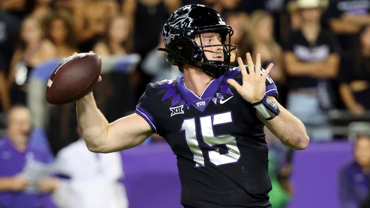 TCU quarterback Max Duggan (15) passes the ball against Kansas State during an NCAA college football game Saturday, Oct. 22, 2022, in Fort Worth, Texas. TCU and Kansas State will play in the Big 12 championship game Saturday, Dec. 3. (AP Photo/Richard W. Rodriguez, File)