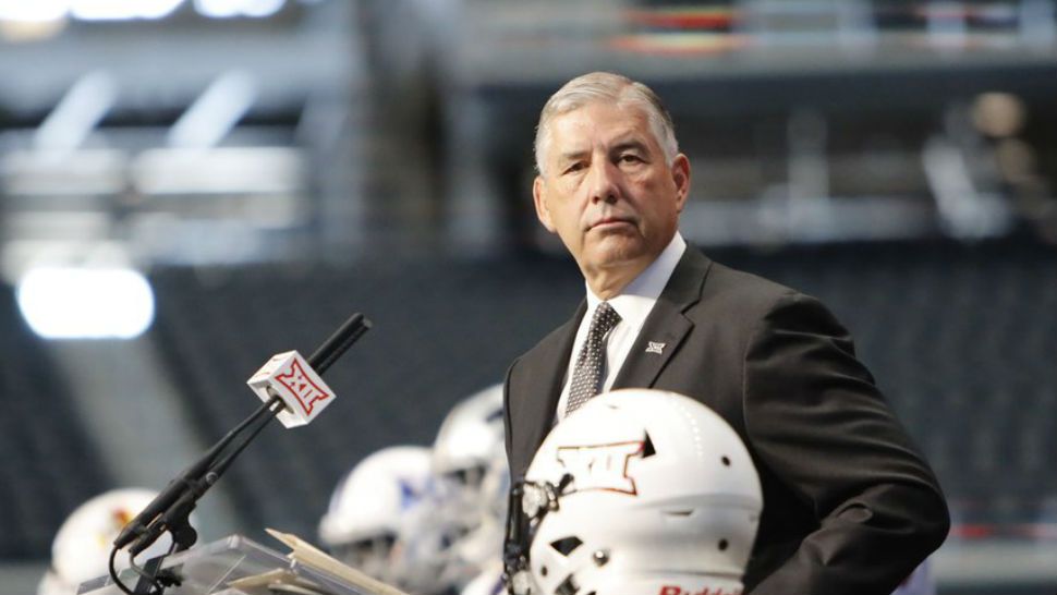 Big 12 Conference commissioner Bob Bowlsby takes the stage on the first day of Big 12 Conference NCAA college football media days Monday, July 15, 2019, at AT&T Stadium in Arlington, Texas. (AP Photo/David Kent)