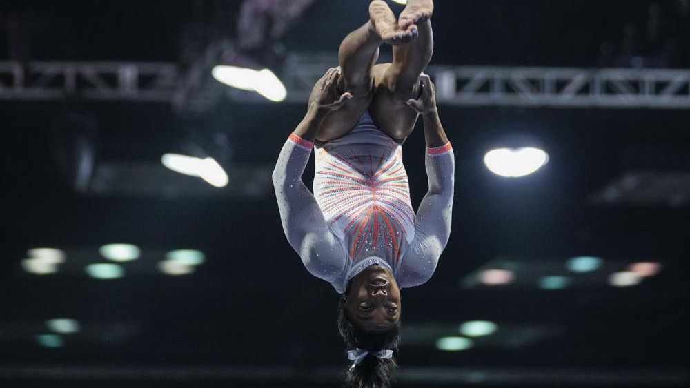 Simone Biles performs during the vault at the U.S. Classic gymnastics meet in Indianapolis, Saturday, May 22, 2021. (AP Photo/AJ Mast)