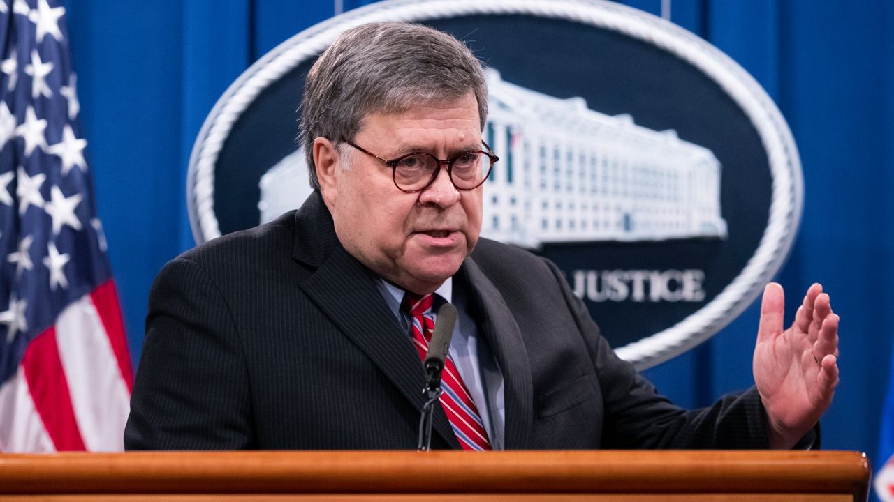 Then-Attorney General William Barr speaks during a news conference Dec. 21, 2020, at the Justice Department in Washington. (Michael Reynolds/Pool via AP, File)