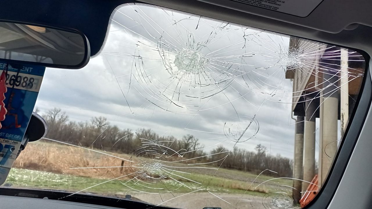Hail damaged a windshield of a vehicle in St. Charles County during severe weather on March 14, 2024. (Courtesy: Bill DeSherlia)