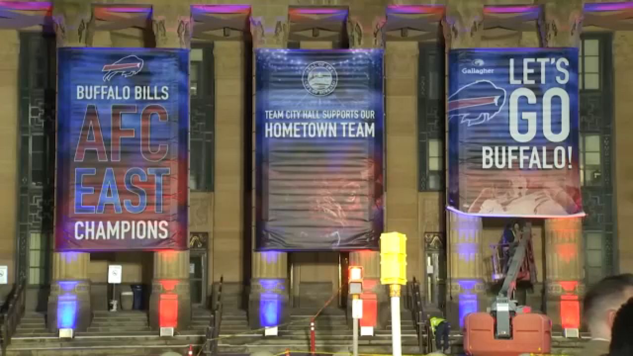 The AFC East division championship banner for the Buffalo Bills is now officially hanging at City Hall.