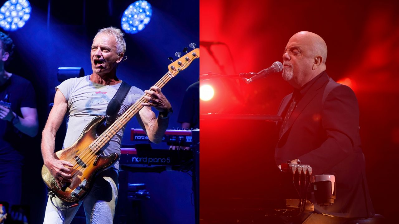 Left: Sting performs during the "My Songs" tour on Friday, Sept. 8, 2023, at Northwell Health at Jones Beach Theater in Wantagh, New York. (Photo by Scott Roth/Invision/AP) Right: Musician Billy Joel performs during his 100th lifetime performance at Madison Square Garden on Wednesday, July 18, 2018, in New York. (Photo by Evan Agostini/Invision/AP)