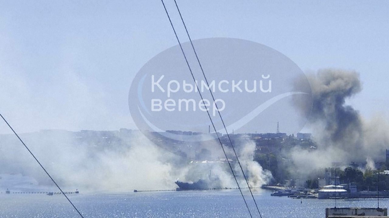This image taken from UGC video shows smoke rising from the headquarters of Russia’s Black Sea Fleet in Sevastopol, Crimea, Friday Sept. 22, 2023. (Crimean Telegram channel via AP)  