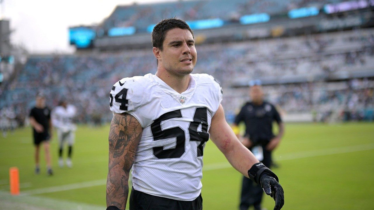 Las Vegas Raiders linebacker Blake Martinez (54) leaves the field after a loss to the Jacksonville Jaguars on Sunday, Nov. 6, 2022, in Jacksonville, Fla. (AP file photo/Phelan M. Ebenhack)