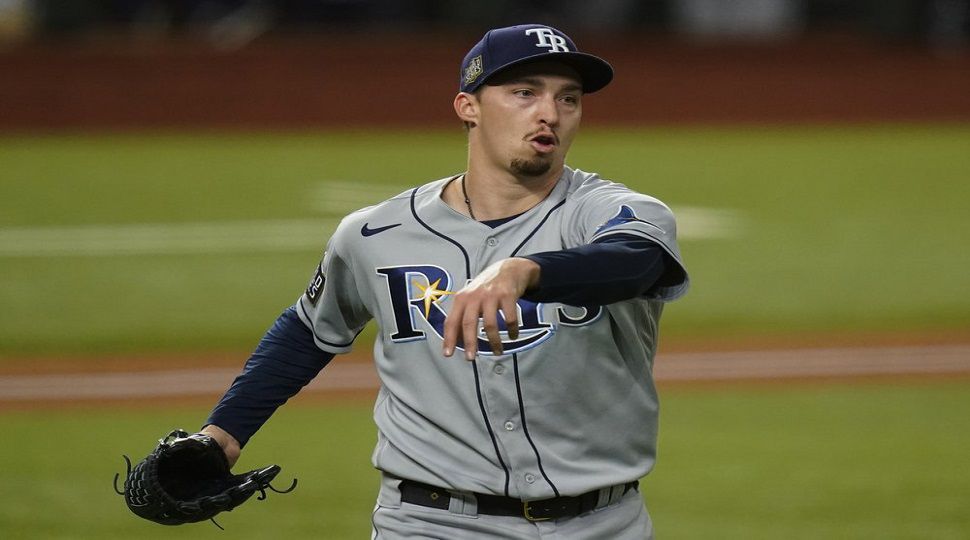 Tampa Bay Rays starting pitcher Blake Snell celebrates the end of the fifth inning against the Los Angeles Dodgers in Game 6 of the baseball World Series Tuesday, Oct. 27, 2020, in Arlington, Texas. (AP Photo/Eric Gay)