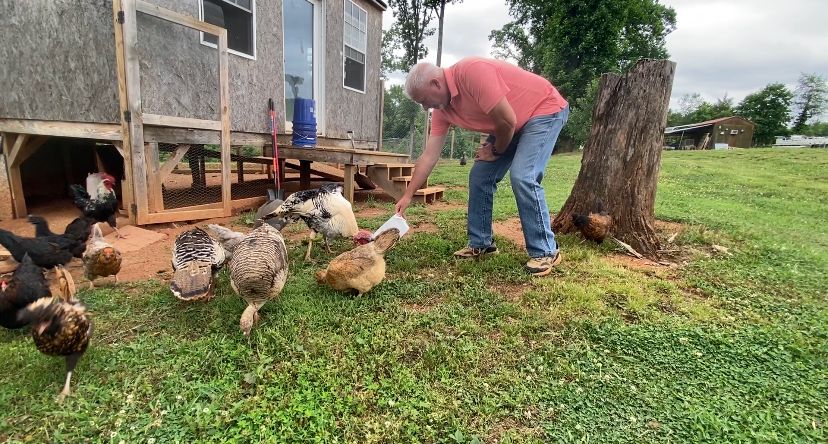Blevins feeds his chickens at his home