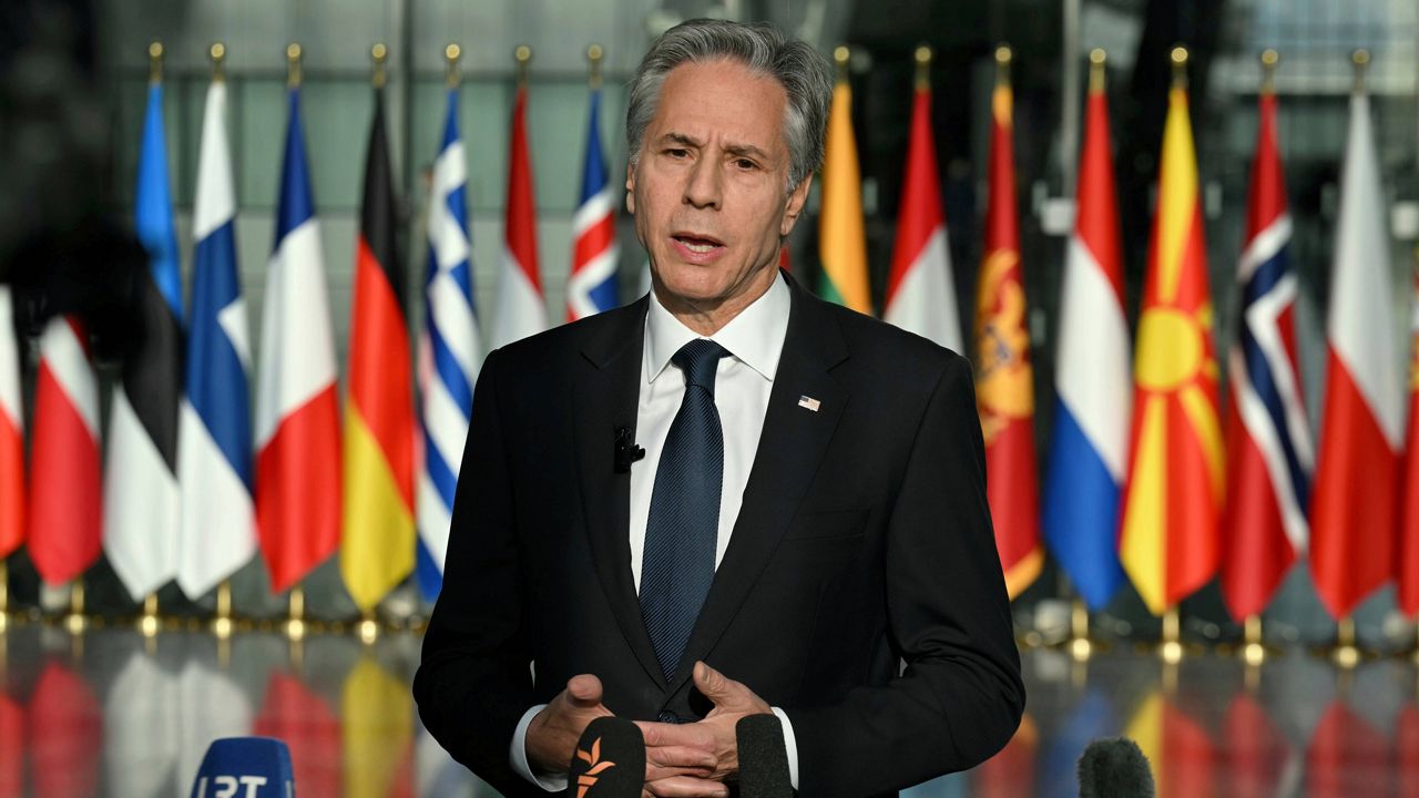 United States Secretary of State Antony Blinken speaks during a news conference at NATO headquarters in Brussels on Wednesday, Nov. 13, 2024. (Nicolas Tucat, Pool Photo via AP)