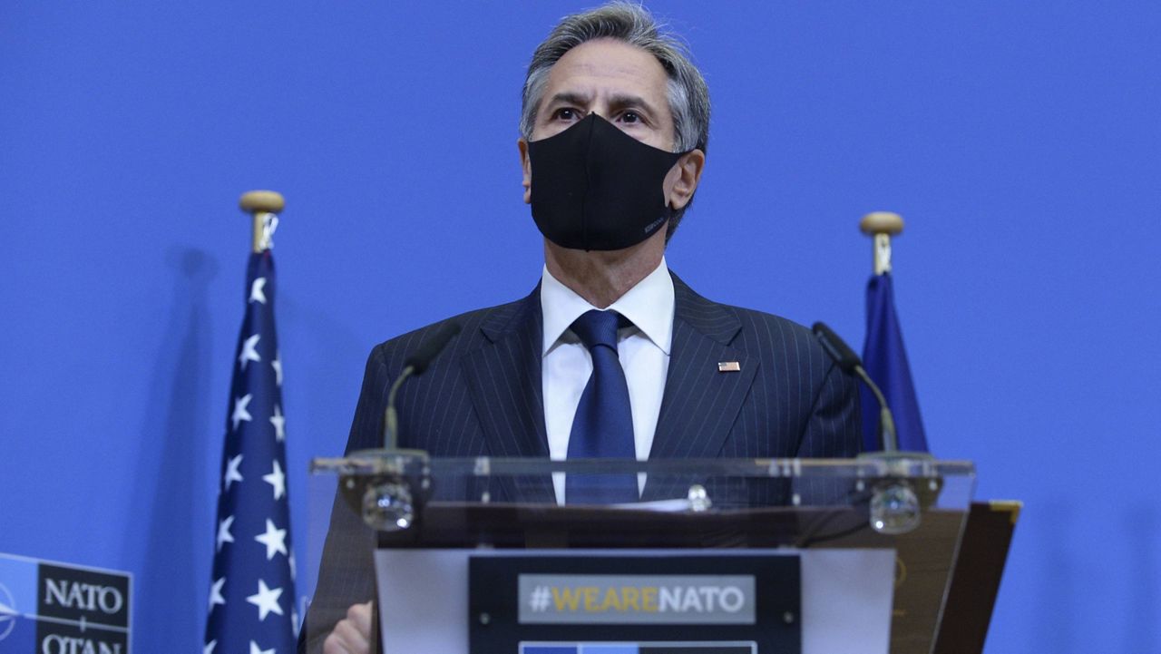 Secretary of State Antony Blinken speaks during a media conference at NATO headquarters in Brussels on Wednesday. (Johanna Geron, Pool via AP)
