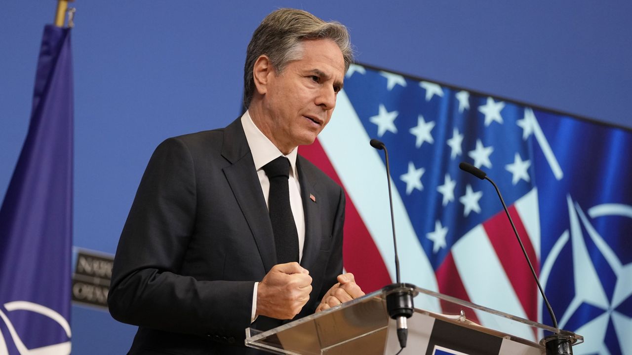 United States Secretary of State Antony Blinken addresses a media conference during a meeting of NATO foreign ministers at NATO headquarters in Brussels, Wednesday, April 5, 2023. (AP Photo/Virginia Mayo)