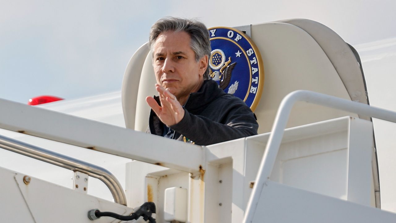 U.S. Secretary of State Antony Blinken arrives at Incirlik Air Base near Adana, Turkey, Sunday, Feb. 19, 2023. (Clodagh Kilcoyne/Pool Photo via AP)