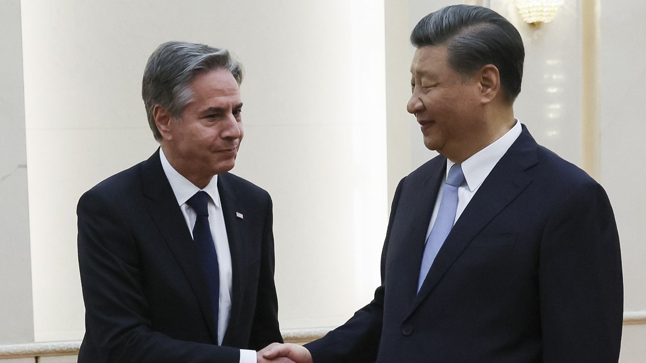 U.S. Secretary of State Antony Blinken meets Monday with Chinese President Xi Jinping in the Great Hall of the People in Beijing. (Leah Millis/Pool Photo via AP)