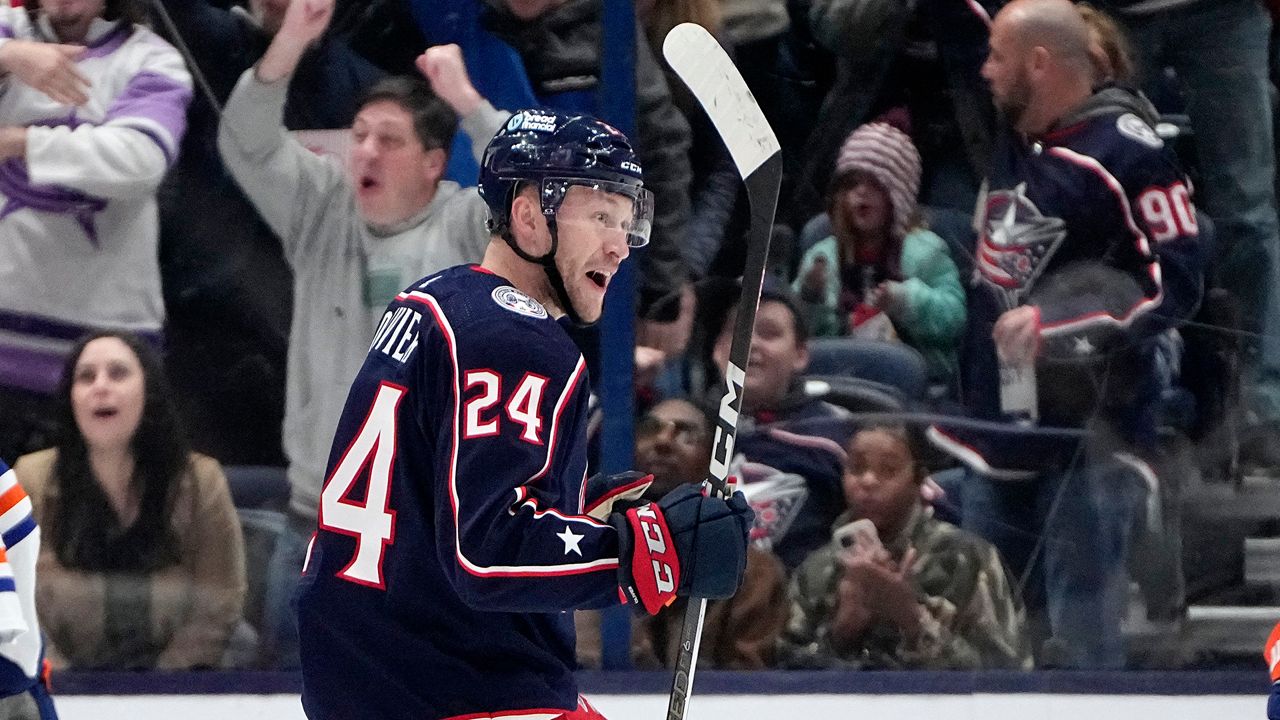 Columbus Blue Jackets right wing Mathieu Olivier (24) celebrates a goal against the Edmonton Oilers during the first period of an NHL hockey game Thursday, March 7, 2024, in Columbus, Ohio. (AP Photo/Sue Ogrocki)