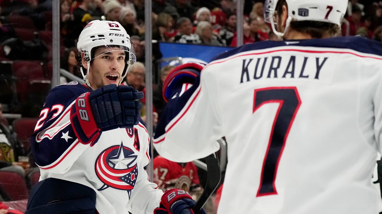 Columbus Blue Jackets center Sean Monahan, left, celebrates with center Sean Kuraly (7) after scoring during the second period of an NHL hockey game against the Chicago Blackhawks in Chicago, Sunday, Dec.1, 2024. (AP Photo/Nam Y. Huh)