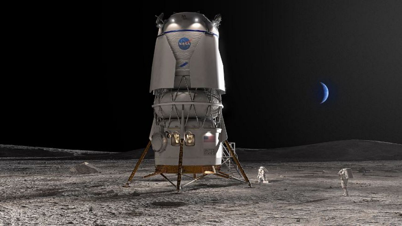 Blue Origin’s Blue Moon lunar lander will be one of two contracted to carry astronauts to the moon as part of NASA’s Artemis program. (Rendering courtesy of Blue Origin)