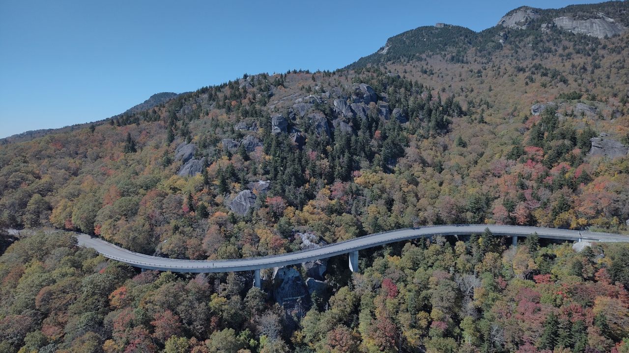 Inspections revealed that the Linn Cove Viaduct was undamaged by Hurricane Helene. This photo was taken by licensed pilots flying an inspection of the Viaduct. (National Park Service)