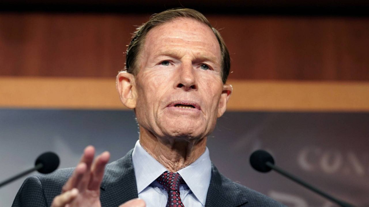 Sen. Richard Blumenthal, D-Conn., speaks during a news conference. (AP Photo/Mariam Zuhaib)