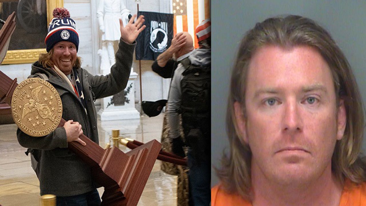 Adam Christian Johnson, 36, of Parrish has been identified as the man carrying a U.S. House lectern during a pro-Trump riot at the U.S. Capitol. (Images: Facebook/Pinellas County Jail)