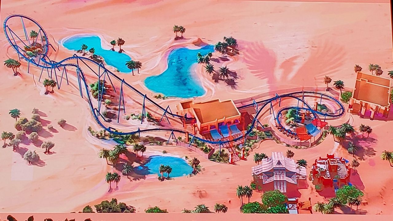 A rendering showing the layout for Phoenix Rising, the new family coaster opening at Busch Gardens Tampa Bay in 2024. (Spectrum News/Ashley Carter)