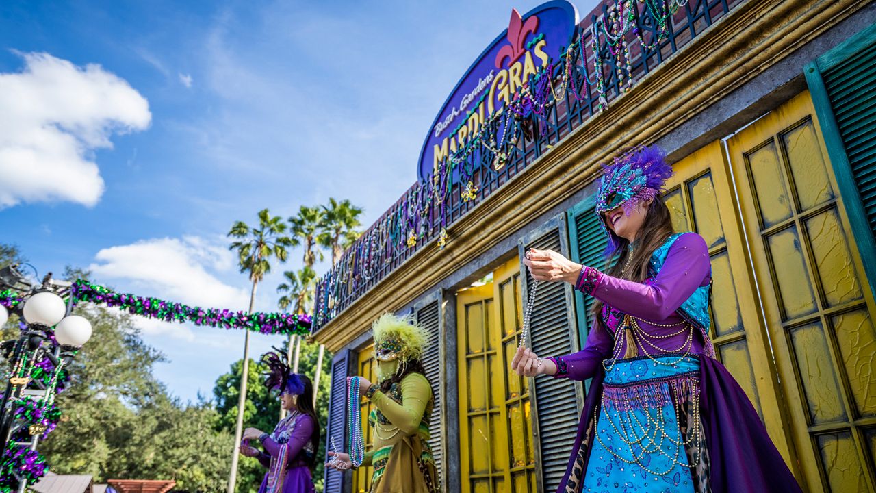 Beads thrown from the "Bead Balcony" during Mardi Gras at Busch Gardens Tampa Bay. (Photo: Busch Gardens)