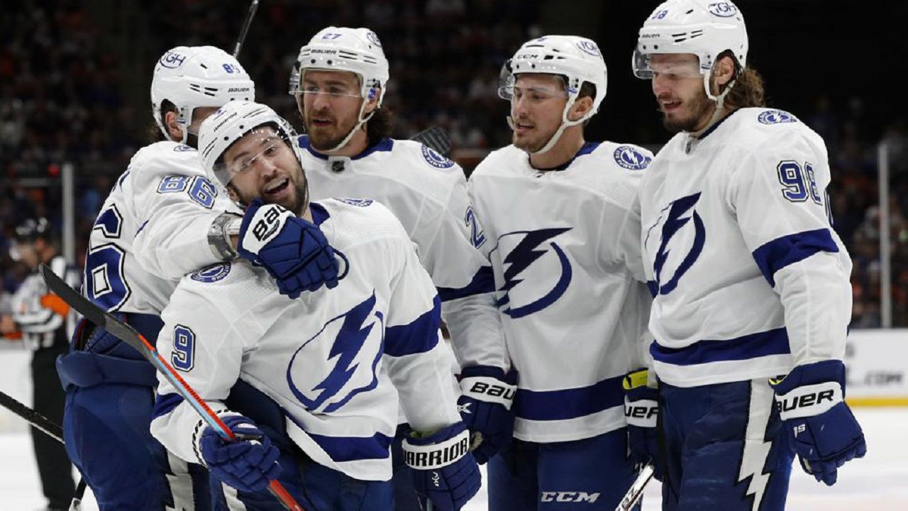 Tampa Bay Lightning center Ross Colton (79) celebrates his goal