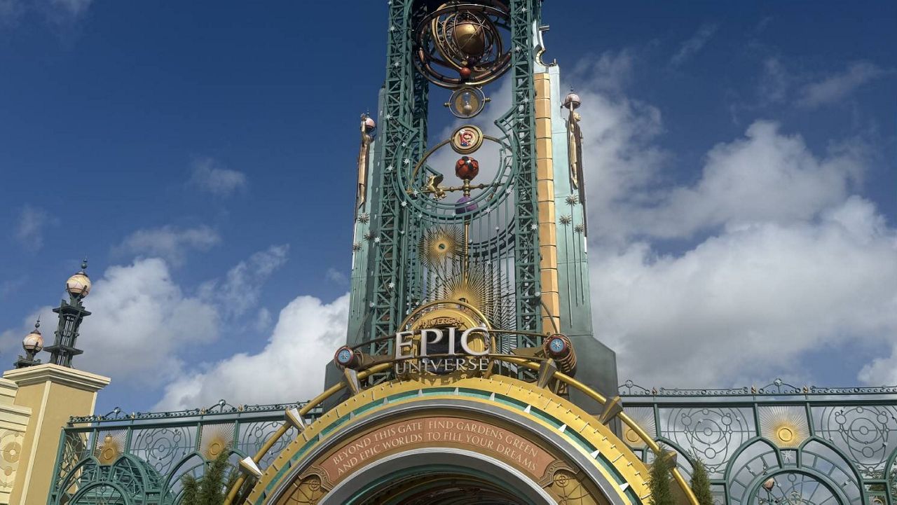 The Chronos Portal stands at the entrance of Epic Universe, Universal Orlando's fourth theme park. (Spectrum News/Anna Wronka)