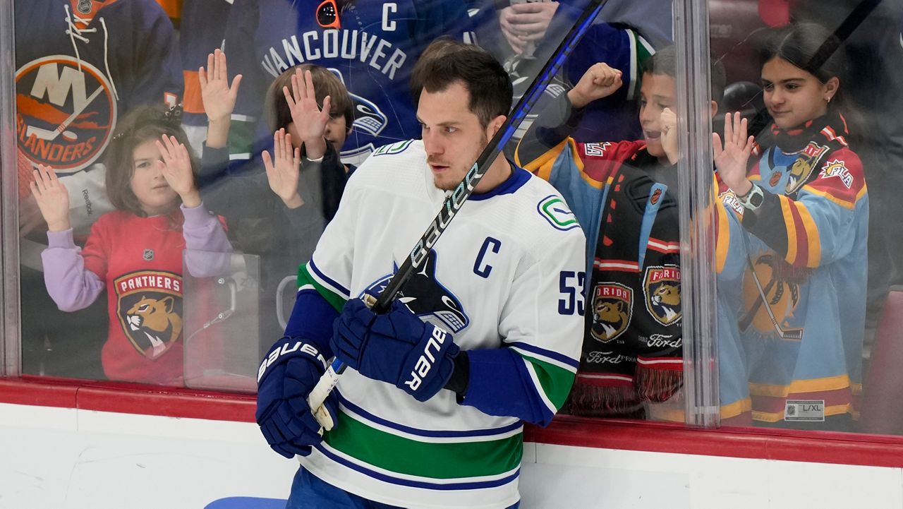 Bo Horvat warms up before the start of agame against the Florida Panthers on Saturday, Jan. 14, 2023 in Sunrise.