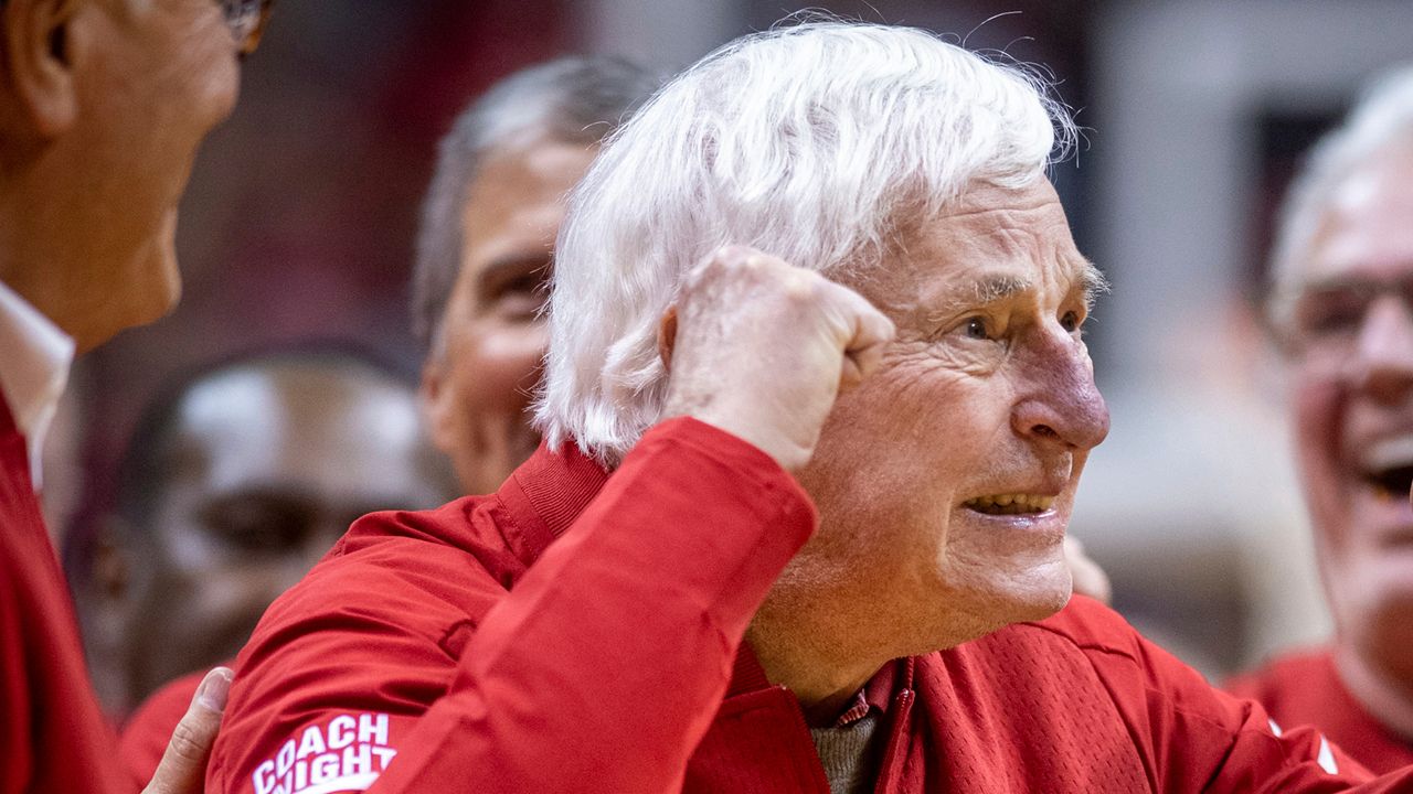 Former Indiana basketball head coach Bobby Knight makes an appearance at Indiana University in Bloomington, Ind., Feb. 8, 2020. (AP Photo/Doug McSchooler, File)